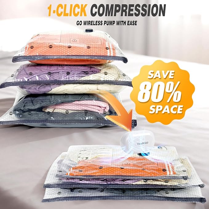 Travel Vacuum Storage Bags with Pump, Carry-on Luggage Compression Bags + Portable Electric Pump, 80% Space Saver for Clothes, Vacuum Seal Bags for Clothing Packing Travel, Pack of 9