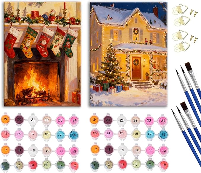 Paint by Number Kit for Adults & Kids, 2 Pack Christmas Scenes 16x20 Inch Framed, DIY Acrylic Painting Kit with Brushes & Paints, Festive Home Art Decor