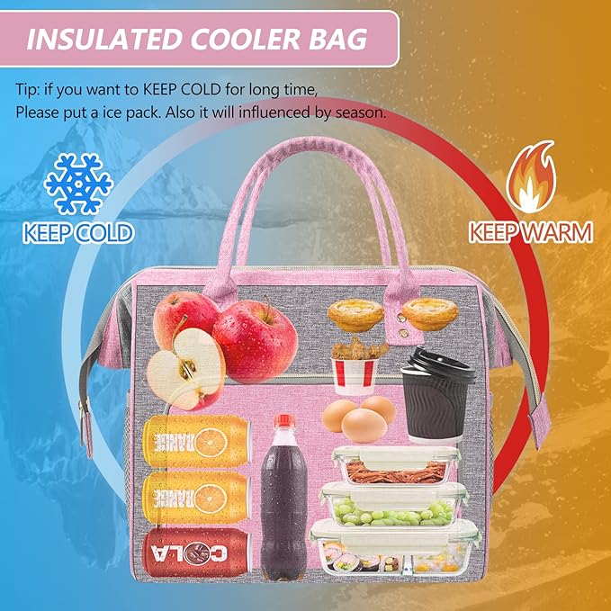 IDEATECH Insulated Lunch Box for Women, Cute & Reusable Cooler Lunch Bag for Work, Office & Picnic, Leak-Proof Tote with Shoulder Strap (Pink)