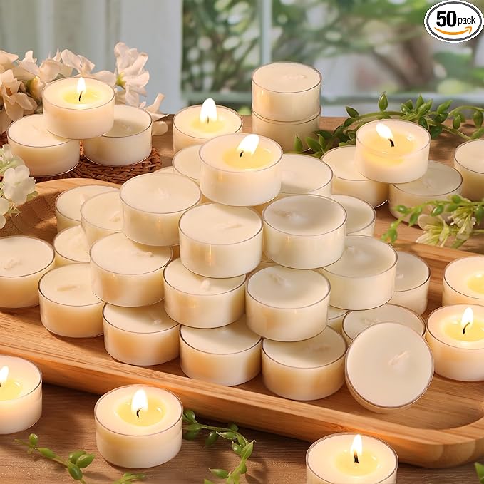 6 Hour Soy Tea Lights Candles 50 Pack, Unscented Long Burning Tea Lights Bulk, White Small Votives-Burn Clean, Non-Paraffin Soy Candles for Wedding Party Centerpiece,