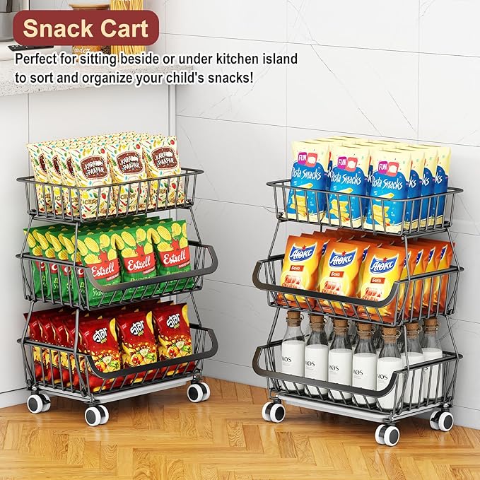 Miyawell 3-Tier Rolling Pantry Cart with Wheels, Stackable Wire Storage Floor Organizer for Kitchen Pantry Snack Shelves, Fruit Basket Stand, Vegetable Storage Rack for Food Snacks Onion Potato