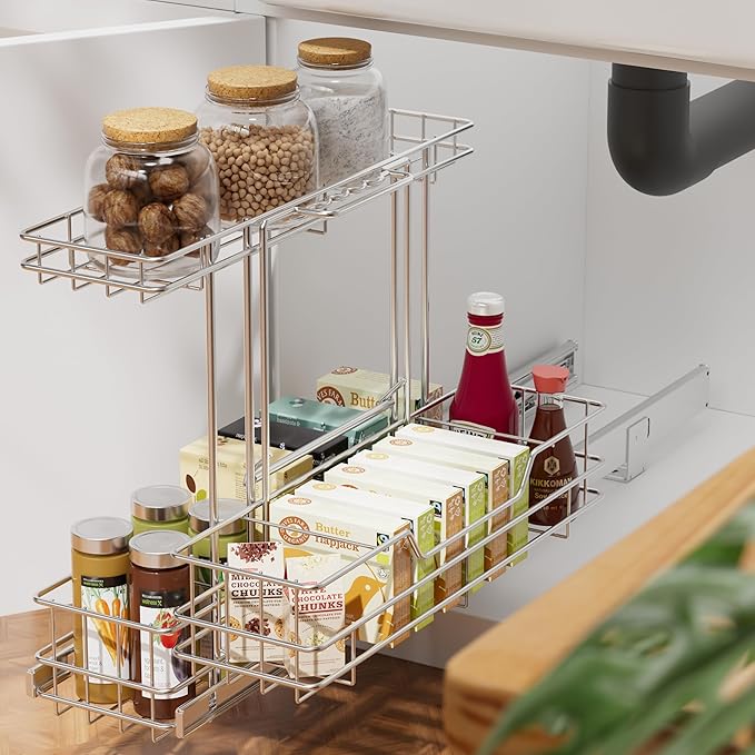 2 Tier Under Sink Organizer 11" W X18 D, Pull Out Cabinet Organizer One Removable Basket, Under Sink Slide Out Chrome Plated, Under Kitchen Bathroom Sink Organizer, 1 Pack
