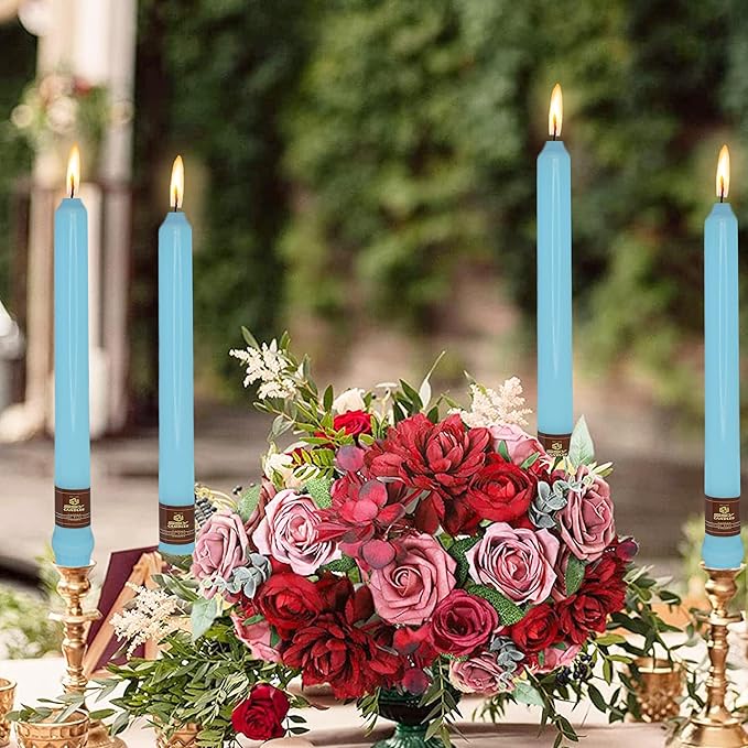 Light Blue Taper Candle 10 Inch Long Candlesticks Unscented Dripless Tapered Candle Set for Home Decor Wedding Party Dinner Candles, 4 Pack