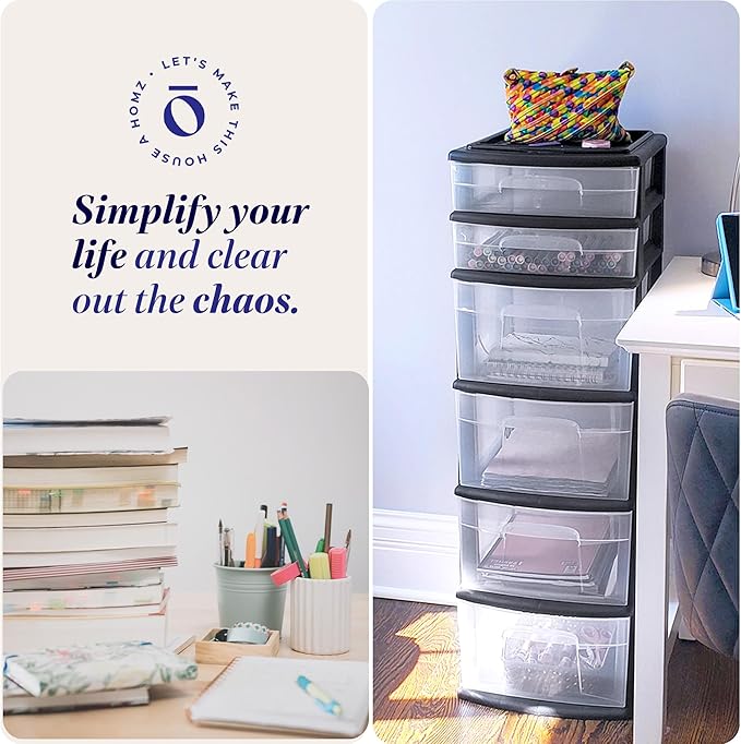 HOMZ 2-Pack Drawer Tower, 6-Tier Clear Plastic Storage Organizer Cart, Black Frame - Organizing Containers for Home, Office, Bathroom, Bedroom, and Classroom