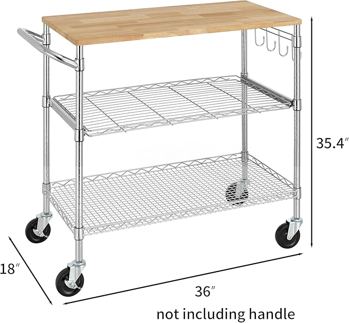 Finnhomy 3-Tier Rolling Kitchen Cart with 18" D x 36" W Oak Wood Tabletop, Kitchen Island Cart with 4" Wheels and Slider Shelf, Microwave Cart & Coffee Cart with Hooks for Dining Room, Chrome