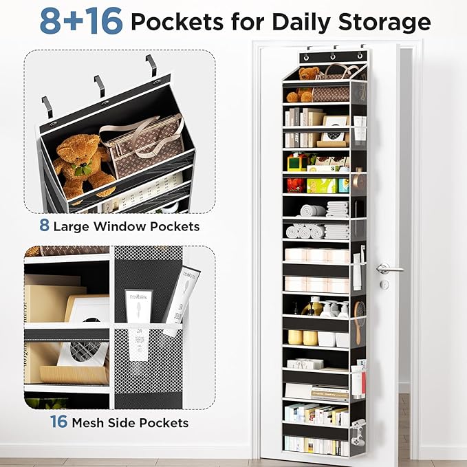Mefirt Over The Door Organizer, 8 Shelf Door Hanging Organizers with 8 Large Capacity Pockets, Back of Door Organizer Storage Hanging Shelves for Closet Bathroom Bedroom Nursery
