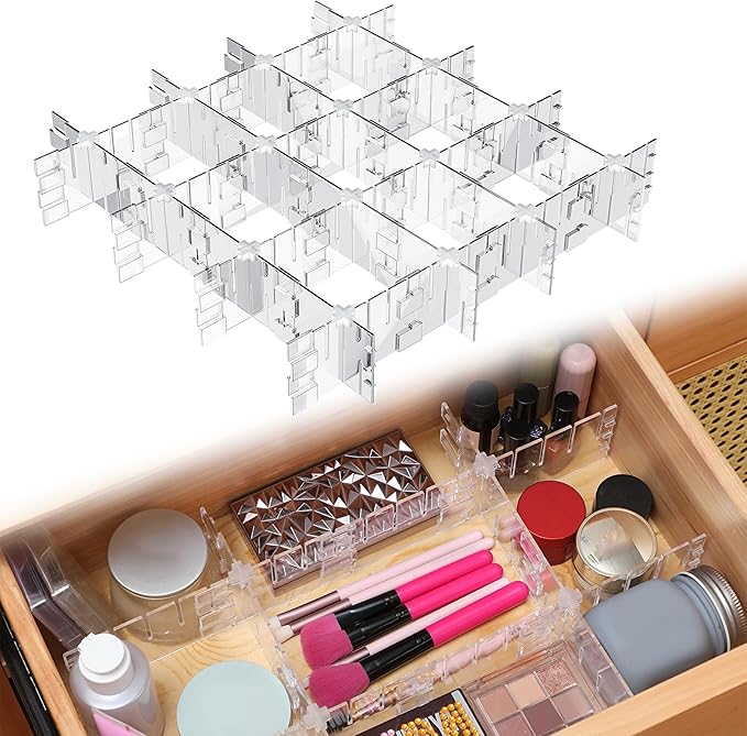 45 Pcs Adjustable Clear Drawer Dividers with Fixed Buckle DIY Plastic Drawer Organizer Box Dividers Back to School Gift for Sock Underwear Makeup Kitchen Bedroom Dresser Office Storage(Clear)