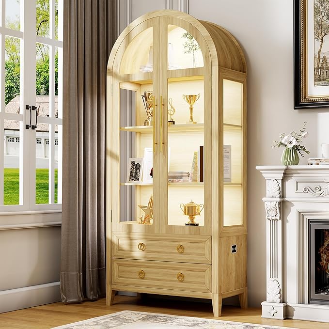 LVSOMT 71" Tall Arched Storage Cabinet with Glass Doors and Drawers, Curio Display Cabinet with Adjustable LED Light & Human Sensor, 4-Tier China Cabinet for Living Room(Wood)