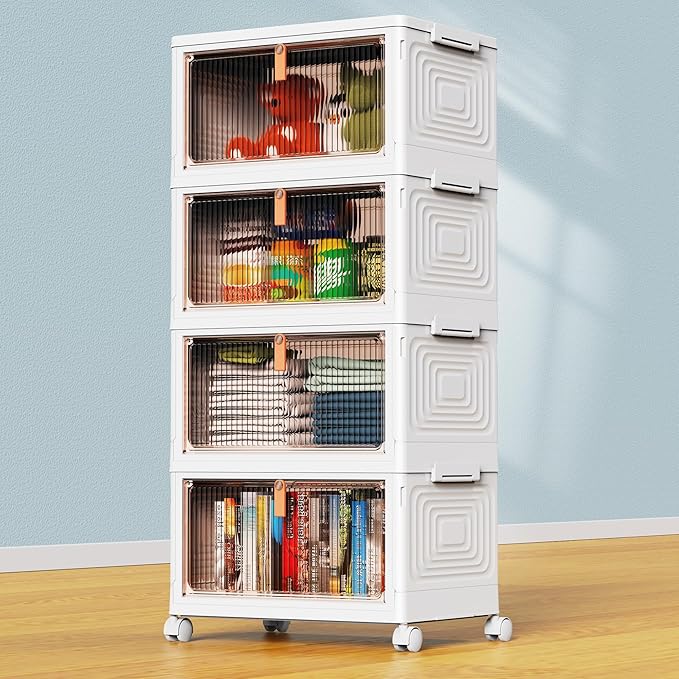 YFXCVSL 4 Tier Plastic Storage Bins with Lid 24QT, Stackable Storage Containers with Wheels, Folding Storage Boxes, Collapsible Storage Bins, Closet Organizers and Storage for Living Room,Office,Dorm