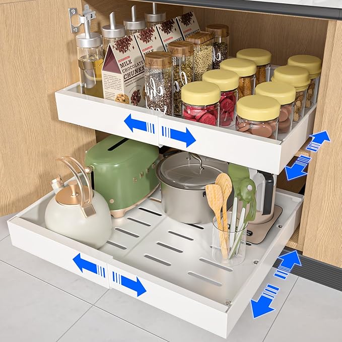 2 Pack 21'' Deep Pull Out Cabinet Organizer Expandable Width (12.6'' to 21'') Slide Out Drawers Pull Out Drawers Fixed with Adhesive Nano Film or Nail for Kitchen Bathroom Organization, White