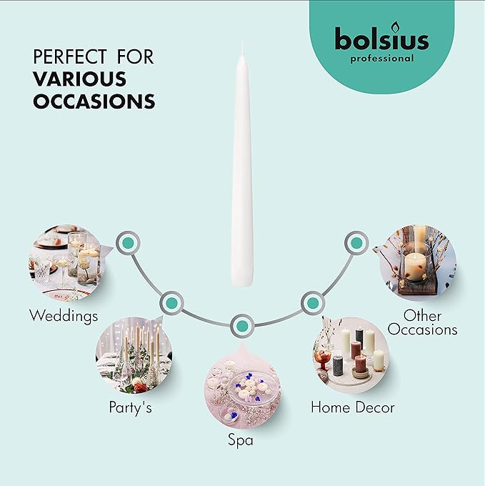 BOLSIUS White Taper Candles - Bulk Case of 4 Packs = Total 120 Candles - 8 Hours - Premium European Quality - Consistent Smokeless Flame - Unscented Dripless Candlesticks