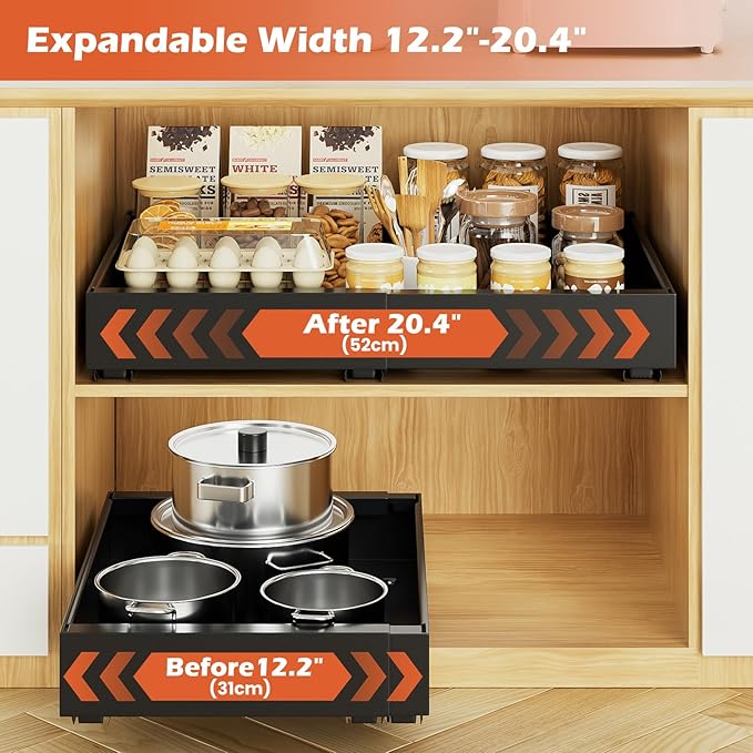lockincar 1Pack Expandable Pull Out Cabinet Organizer 21" Deep, Adjustable Width 12.2"-20.4" Slide Out Drawers & Roll Out Shelves for Kitchen Cabinets, Easy Install with Double-Sided Adhesive, Black