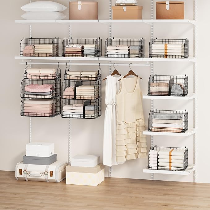 SWTYMIKI Hanging Closet Organizer Storage - 3 Tier Metal Stackable Hanging Closet Shelves with Dividers and S Hooks, Foldable Clothes Shelves for Clothes, Pants, Shoes, Coat, Hats Clutches Accessories
