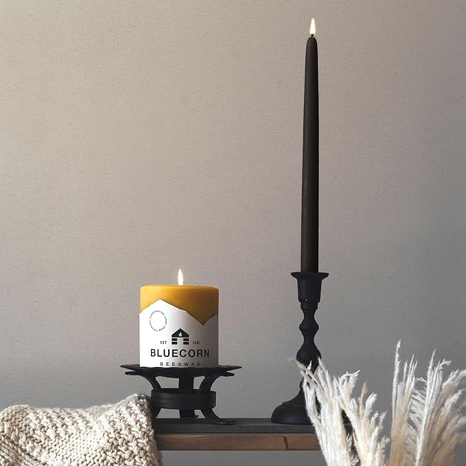 Bluecorn Beeswax Taper Candles, 100% Pure Natural Bees Wax, Pair of 8 Inch Black Tapered Candlesticks, Clean Burning & Dripless, Fragrance Free, Long Lasting, Home Decor, American Made, 1 Count