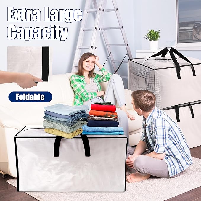 SWEET DOLPHIN 6 Pack Extra Large Moving Bags with Strong Zippers & Carrying Handles, Heavy Duty Storage Tote for Space Saving Moving Storage, Fold Flat, Alternative to Moving Box, Semi-Transparent