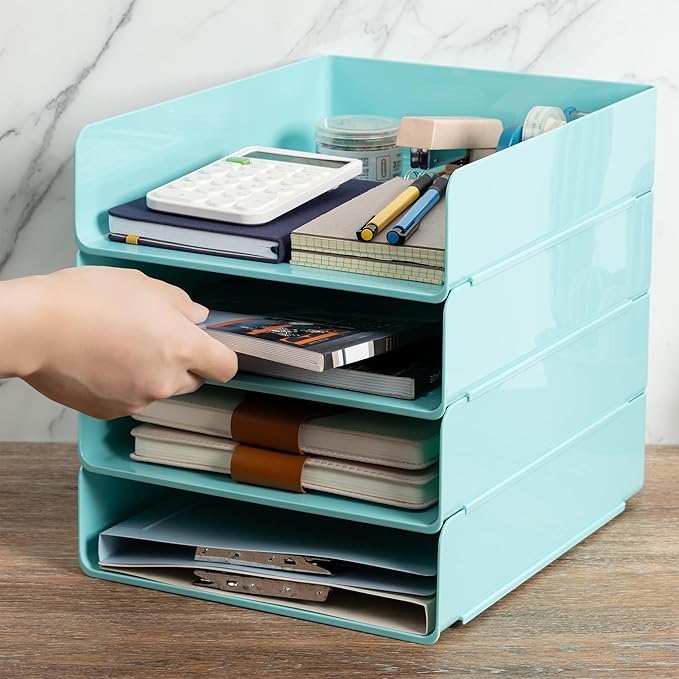 Tiawudi Desk Organizer, Office Organization and Storage, Plastic Letter Tray, Stackable File Organizer for Classroom, Home, Documents, Notes, Folders, Books and Pens, 4 Tier