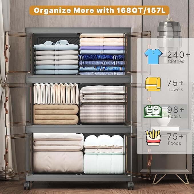 Extra Large Stackable Storage Bins with Lids & Wheels, Foldable Collapsible Closet Organizers Dark Storage Cabinet with Doors for Bedroom Dorm