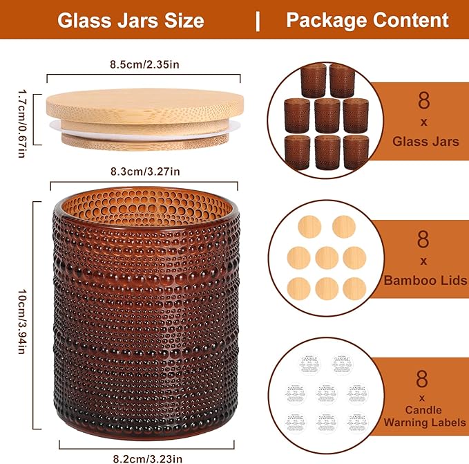 DARJEN 14 OZ Amber Candle Jars for Making Candles- 8 Pack Empty Glass Candle Making Jars with Bamboo Lids and Labels, Candle Making Supplies Candle Containers for Home DIY