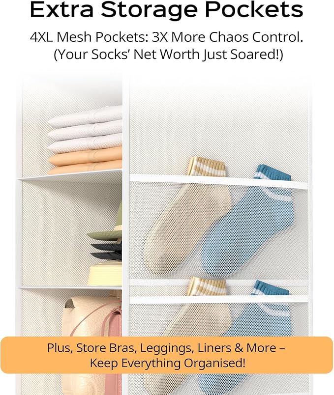 ALLTIDYUP Extra Deep Hanging Closet Organizers and Storage, 5-Tier Closet Hanging Organizer with 4 Mesh Pockets, Heavy-Duty Closet Shelves for Clothes and Hats, Ideal for Dorms and RVs, 1-Pack, White