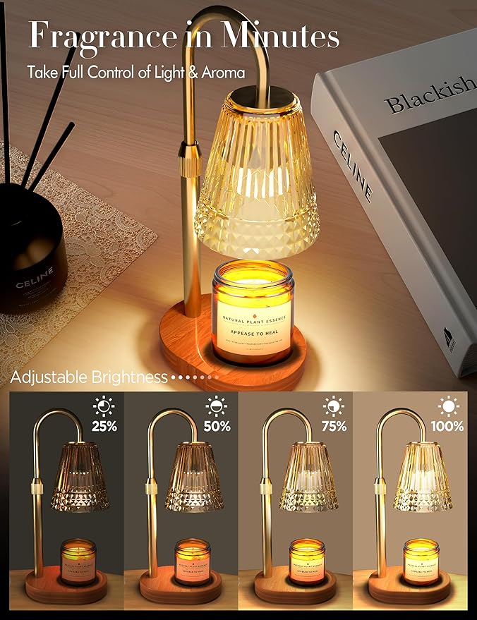 Candle Warmer Lamp with Timer Dimmer: Height Adjustable Wax Melt Warmer for Scented Jar Candles with 2 Bulbs, Christmas Birthday Gifts for Women Mom, House Warming Gifts New Home Room Decor (Gold)