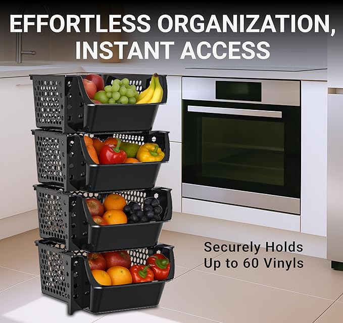 Skywin TidyFriend Stackable Storage Bins for Pantry, 4 Pack Stackable Bins for Organizing Snacks, Toiletries, and Small Essentials (Black)