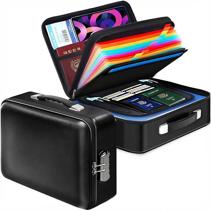 Fireproof Document Box with Lock, Safe Box for Important Documents, Fireproof & Water-Resistant Storage Organizer for Certificates, Passports, IDs