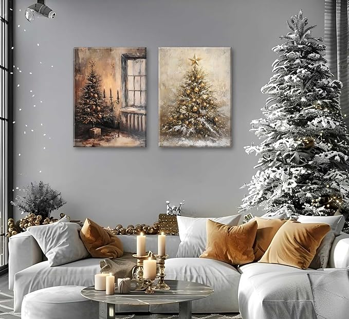Paint by Number Kit with Inner Frame, 2 Pack 16x20 Inch Christmas Scenes - Vintage Tree & Golden Snowy Tree, DIY Acrylic Painting Sets for Adults Kids Gift