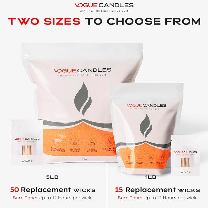 Vogue Candles Orange Pearled Candle Sand Wax (1 LB) – Mother’s Day Candle Kit with 15 Cotton Wicks for DIY Home Lighting – Plant-Based & Reusable Wax Granules Refill for Clean Burning & Custom Vessels