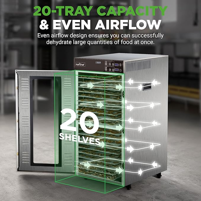 NutriChef Commercial Dehydrator Machine 2000-Watts Electric Food Dehydrator - Extra Large 20 Stainless Steel Trays, Digital Control 167°F Dryer for Jerky, Meat, Dog Treats, Herbs, and Fruit