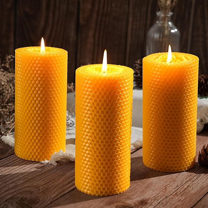 8 Packs Handmade Beeswax Candles, 360 Hours Beeswax Pillar Candles Handcrafted Honeycomb Bees Wax Candle for Home, Prayer, Unscented Candles (2.8x6 in)