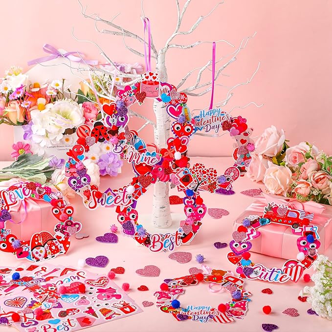 Hollowfly 48 Sets Valentine's Day Wreath Craft Kits DIY Heart Wreath Hanging Ornaments Valentines Make Your Own Paper Craft for Valentine's Day Home Party Activities