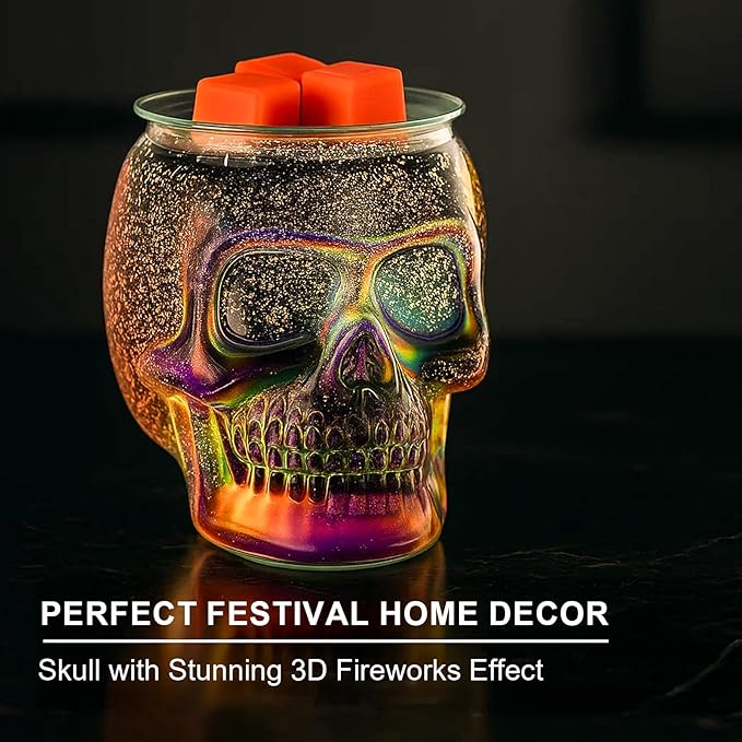 Wax Melt Warmer, Wax Warmer for Scented Wax with Light Bulb, Electric Skull Wax Burner, Halloween Fragrance Wax Melter for Home and Gifts (Rainbow Skull)