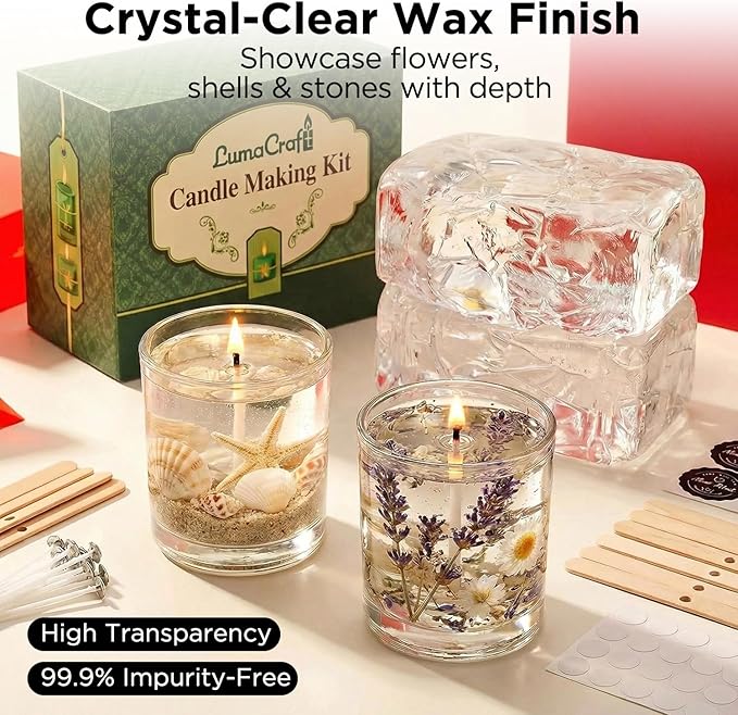 LumaCraft Clear Gel Wax Candle Making Kit – 4.4LB Transparent Jelly Wax with Boutique Fragrance Oils, Dyes, Glass Jars, Wicks & Decor Supplies, Luxury Complete DIY Starter Kit for Beginners & Adults