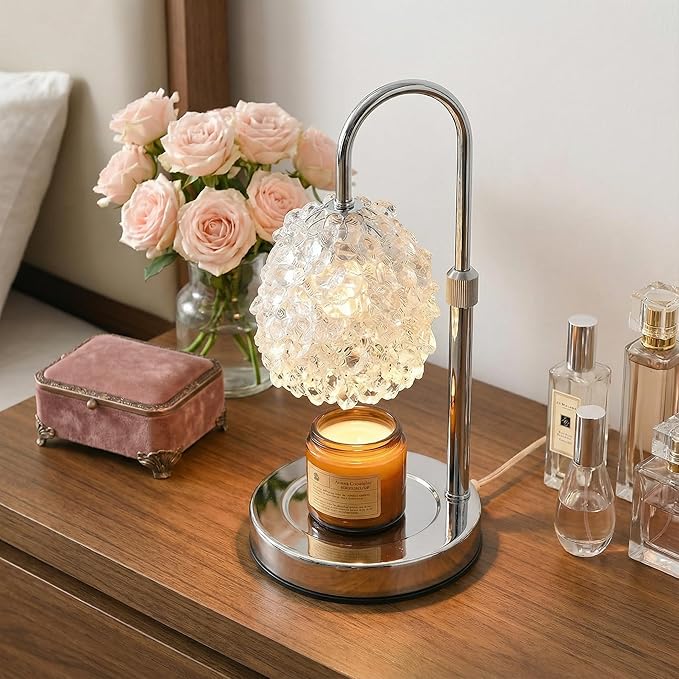 Candle Warmer Lamp with Timer & Dimmer, Adjustable Height Candle Lamp, Hand-Embedded Glass Crystal Lampshade, Valentine’s Day Gifts for Women/Mom, Wax Warmer for Home Decor (Silver)