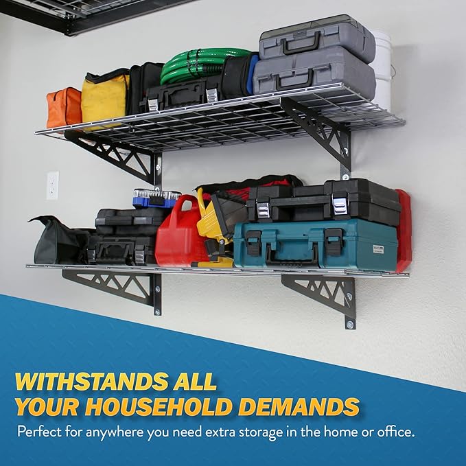 MonsterRax | Garage Wall Shelf Two-Pack White or Hammertone | Three Size Options | Includes Bike Hooks | 500lb Weight Capacity (Hammertone, 18"x36")