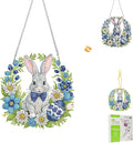 Masendp Easter Bunny Wreath Diamond Painting Double-Sided Hanging Ornament Set, DIY Irregular Shaped Rhinestone Window Decoration Set, Suitable for Home and Garden Wall Decoration Gifts