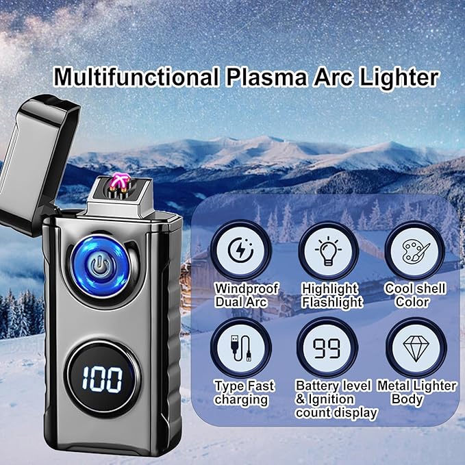 Electric Lighters Plasma Lighters Rechargeable with with LED LED Display and LED Emergency Lights Windproof USB Rechargeable Lighter Cool Lighte for Candle,Camping,Gift(Black)