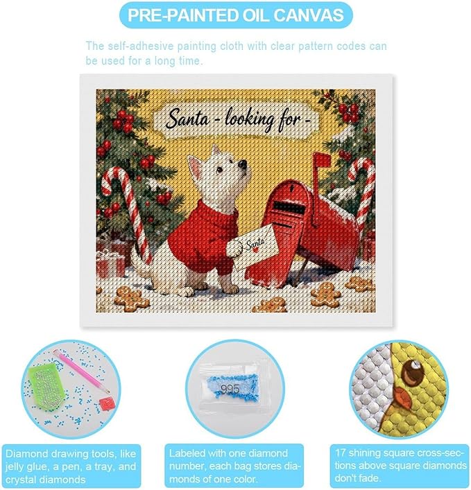 Diamond Painting Kits for Adults - Cute Scottish Terrier Christmas Westie Dog Holding Santa Letter Painting DIY 5D Full Drill Diamond Dots Paintings with Diamonds Gem Art And Crafts Home Decor 16"x20"