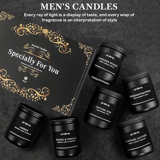 Scented Candles for Men - 42oz Soy Wax Long Lasting Candle, Manly Scented Candles with Leather/Smoke&Vanilla/Oak/Lavender/Orris/Amber-Mens Candle Gift Set for Birthday, Fathers Day, Man Cave Decor
