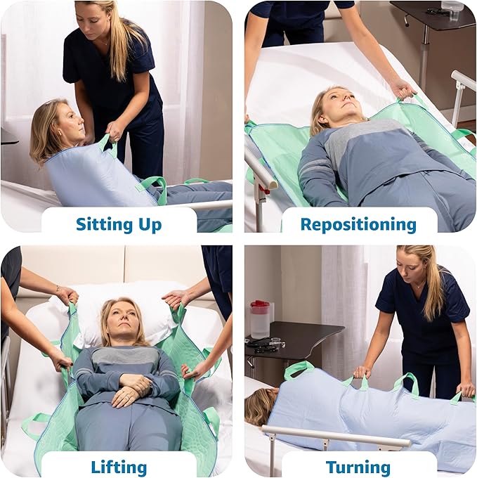 Improvia Positioning Bed Pad, with 8 Reinforced Handles, Quick-Drying, Washable, Waterproof, for Lifting, Turning, Transfering, Elderly and Incontinence Patients (Green, 34" x 52" - Pack of 1)