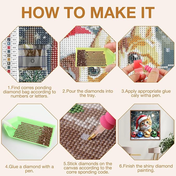 MEIYUDA Christmas Cat Diamond Painting Kits for Adults, 5D Cute Cat Diamond Art Kits for Beginners, DIY Gem Art Crystal Painting for Home Wall Decor and Present 12x12inch
