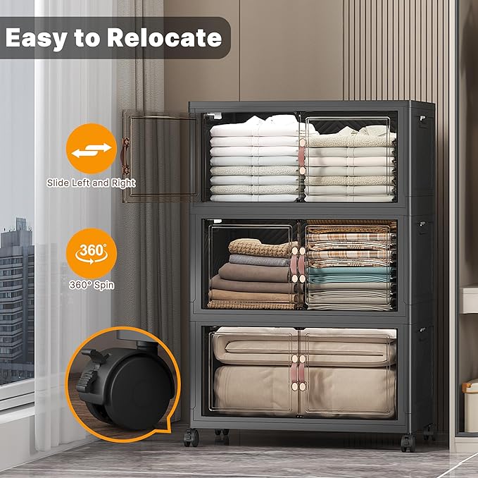 Stackable Storage Bins with Lids, 672QT Closet Organizers and Storage with Doors and Wheels, Extra Large Storage Cabinet, Collapsible Plastic Drawers for Bedroom Kitchen Office Garage