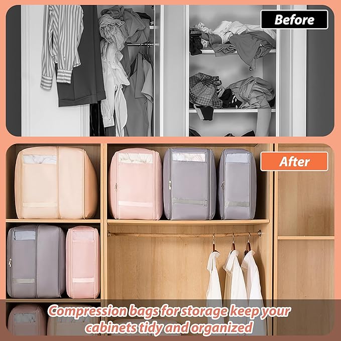 Veki Comforter Storage Bag, Space Saving Self Compression Foldable Blanket Storage Bags, Closet Organizer With Handle and VisualiZation Window, Large capacity 130L for Bedding, Clothes (Apricot XL)