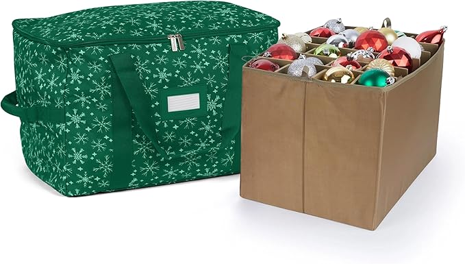 Covermates Keepsakes Adjustable Ornament Storage Bag – Heavy-Duty Polyester, Padded Dividers & FlexGrid Trays – Protective Holiday Ornament Organizer with Handles & Label Window, Green Snowflake