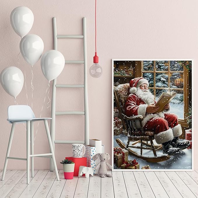 APTDYIGL 5D Christmas Diamond Painting Kits for Adults Beginner,DIY Santa Claus Reading Book Diamond Art Kits for Adults,Round Full Drill Diamond Dots with Gem Art Kits,Home Wall Decor 12X16inch