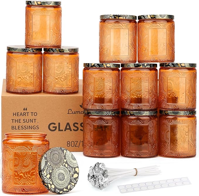 LumaCraft Luxury Embossed Glass Candle Jars for Making Candles - 12 Pack Empty Candle Containers with Airtight Metal Lids, 20 Wicks & 20 Stickers, Colored Glass Jars for Gifts & Decor-8OZ