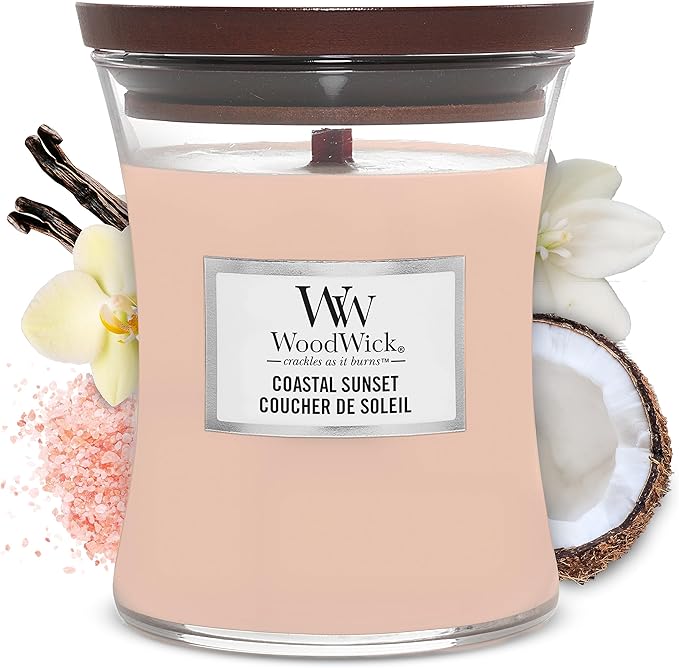 WoodWick Coastal Sunset Gifts for Women and Men, 9.7 oz Medium Hourglass Candle with Crackling Wick