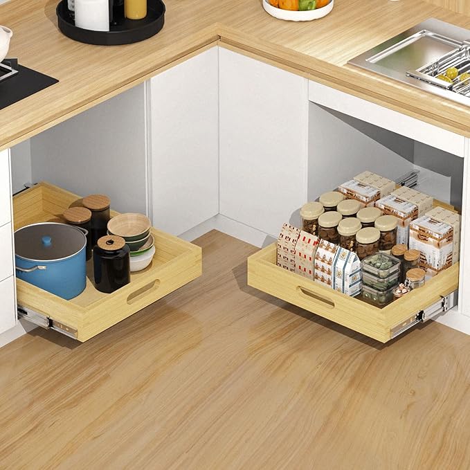 Pull Out Cabinet Organizer, Soft Close Wooden Drawer Storage Shelves for Kitchen, Durable Base Cabinet Solution for Pantry (18”W*21”D)