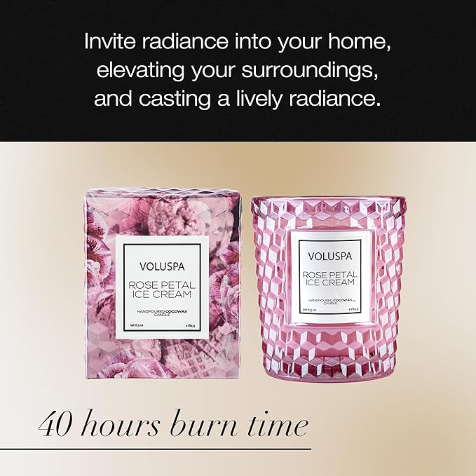 Voluspa Rose Petal Ice Cream, Classic Candle Jar, 6.5 Ounce, 40 Hour Burn Time, Coconut Wax for Clean Burning, Handcrafted in The USA
