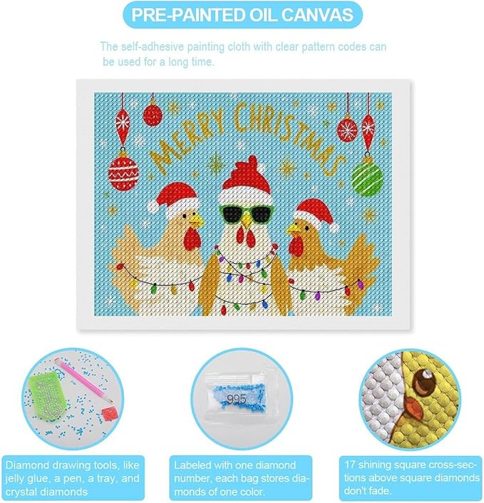AIVKIEJK Diamond Painting Kits for Adults - Christmas Rooster Santa Hat & Fashion Glasses Painting DIY 5D Full Drill Diamond Dots Paintings with Diamonds Gem Art and Crafts Home Decor 12"x16"